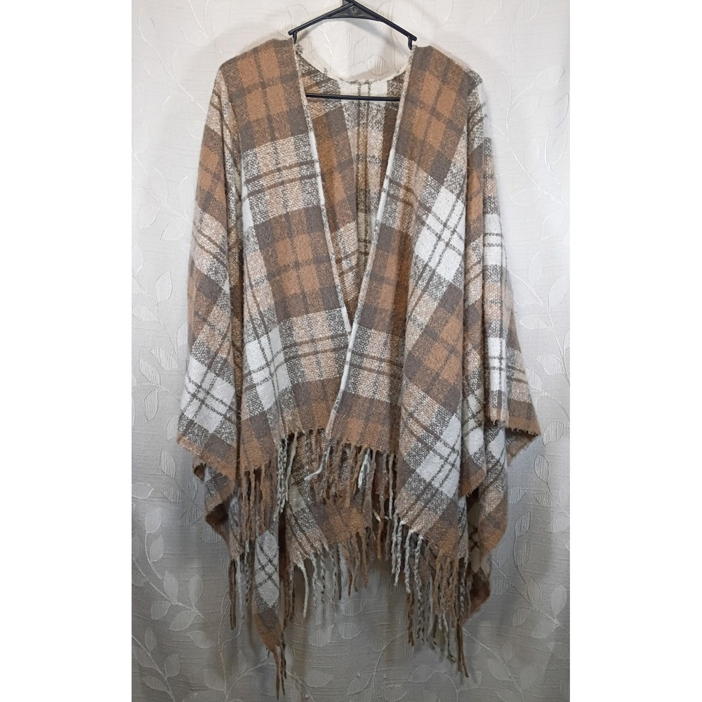 Womens Plaid Fringe Poncho Wrap Brown Tan Cream Open Front Shawl One Size